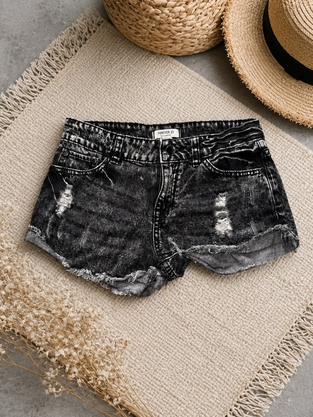 Forever 21 Black Acid-Wash Distressed Denim Shorts